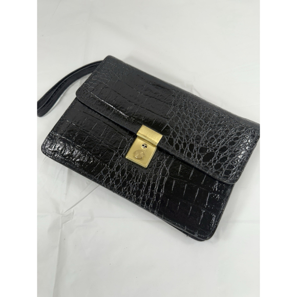 Jade Crocodile Clutch Leather Black wristlet vintage - Picture 9 of 9